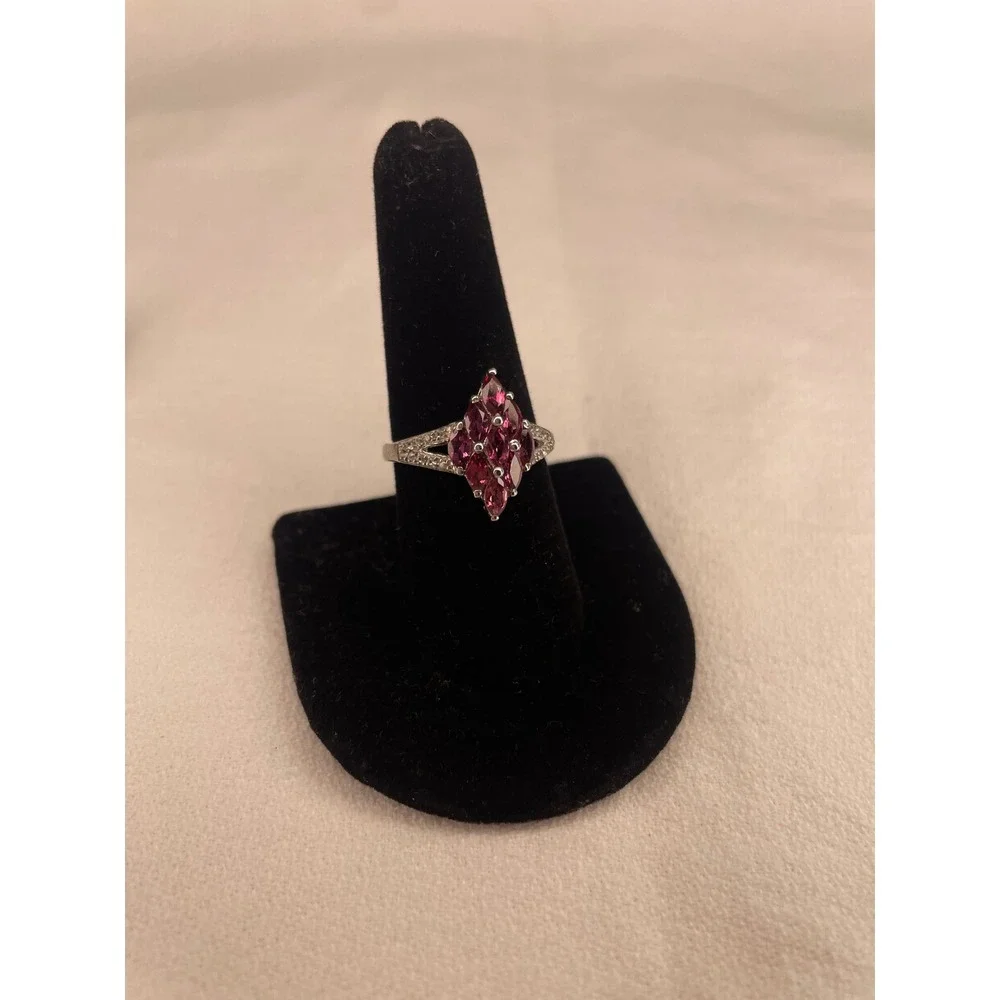 Sterling Silver 925 Pink Rhodolite Garnet Marquise Cluster Statement Ring Size 8